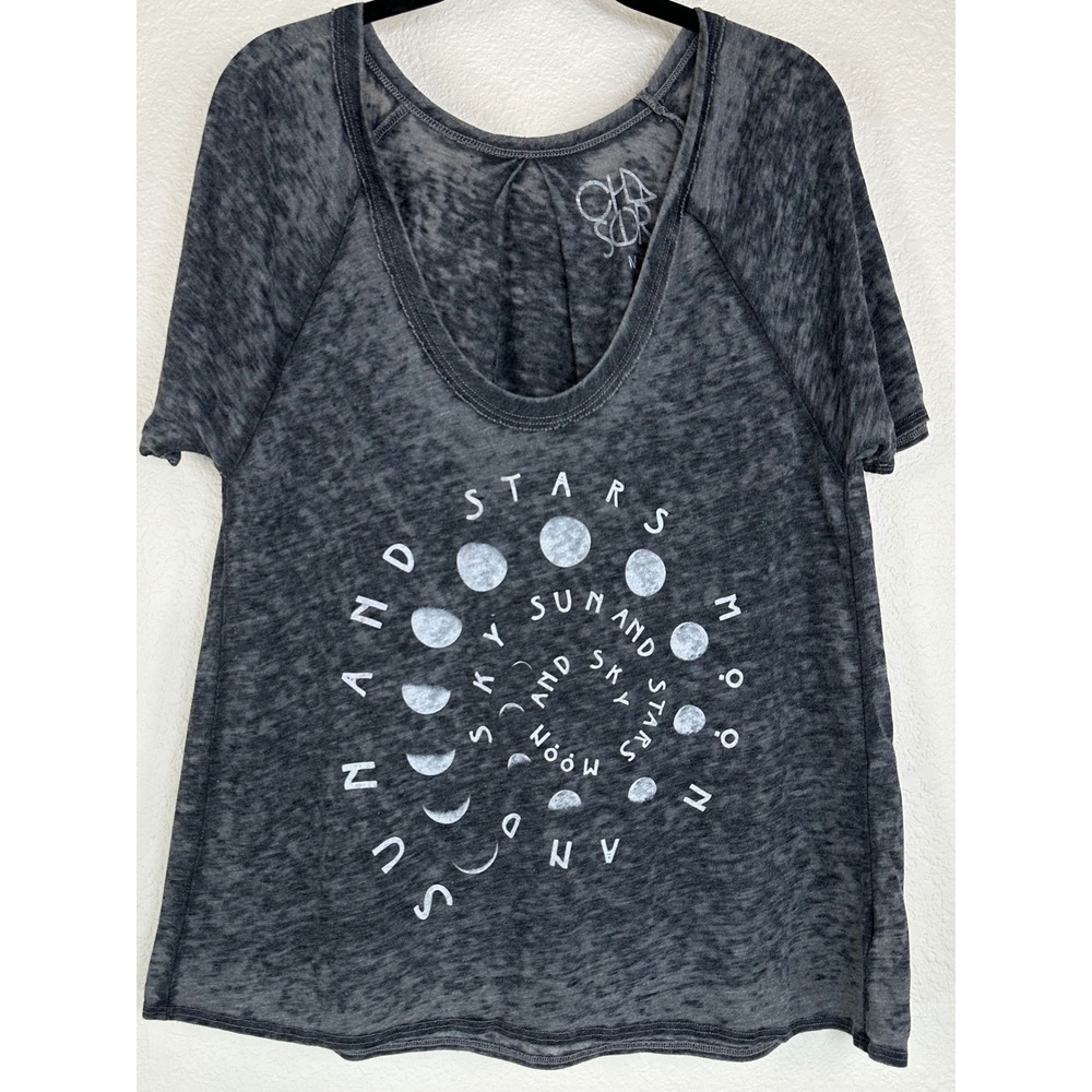 Chaser Sun Moon Stars Burnout Graphic Tee Women M Gray Y2K Boho Top